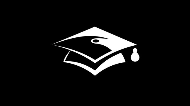 A stark white academic graduation cap icon, set against a solid black background, minimalist design