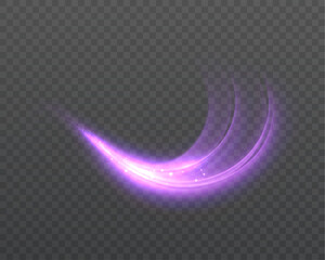 A bright purple glowing vortex light trail with sparkles and a blurred light trail, a light effect for dark backgrounds in design and illustrations.