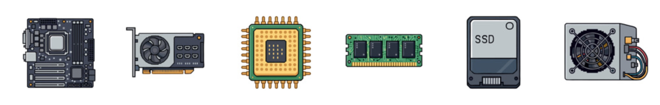 Computer hardware components set with a motherboard, graphics card, processor, memory stick, solid state drive, and power supply in a simple cartoon illustration style