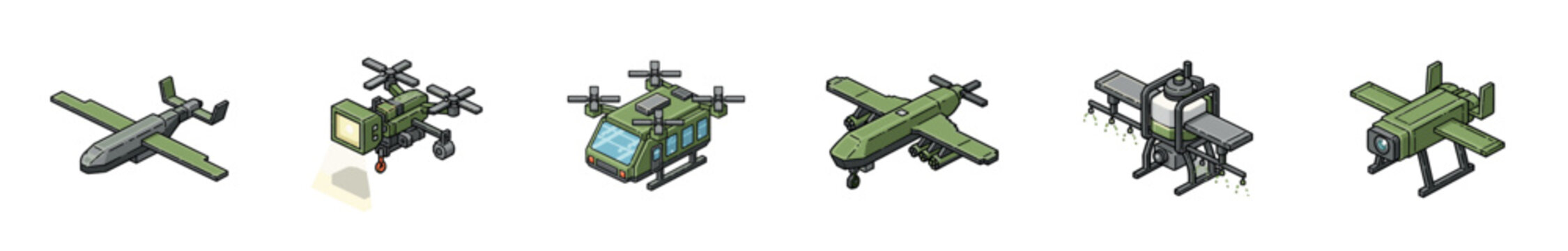 Set of military unmanned aerial vehicles and drones illustrated in a detailed isometric style, including various types like reconnaissance, attack, and transport quadcopters