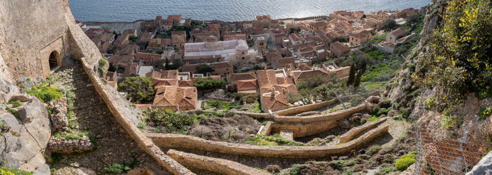 Panoramic view of upper Gate and Winding Path in Monemvasia, Greece