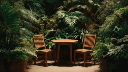 Fototapeta premium Cozy wooden table and chairs set against lush greenery in a tranquil indoor garden for relaxation and dining in natural surroundings