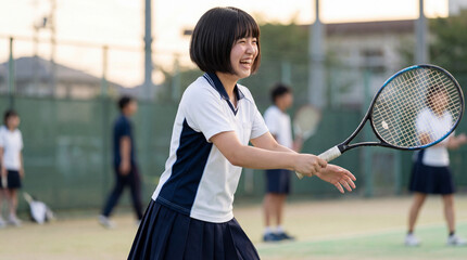 練習をする女子テニス部員
