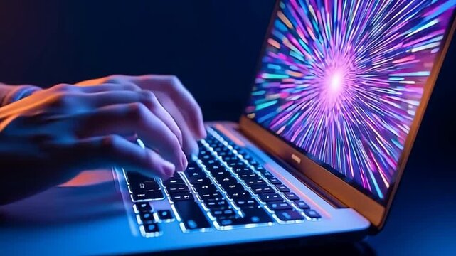 Person typing on laptop keyboard with colorful light streaks on screen in dark environment close-up view