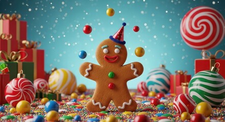 Gingerbread man in festive holiday scene.