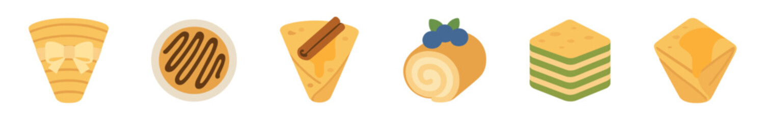 Fototapeta premium Collection of various sweet dessert icons featuring crepes, a cake roll, and layered pastries illustrated in a charming and minimalist flat graphic design style