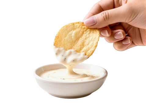 A close-up of a hand holding a golden chip being dipped into a small white bowl of creamy dip, against a pristine white background.