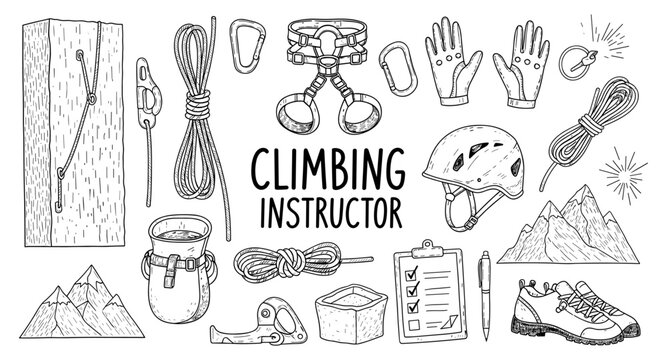 Climbing instructor equipment and gear illustration for outdoor adventure and training