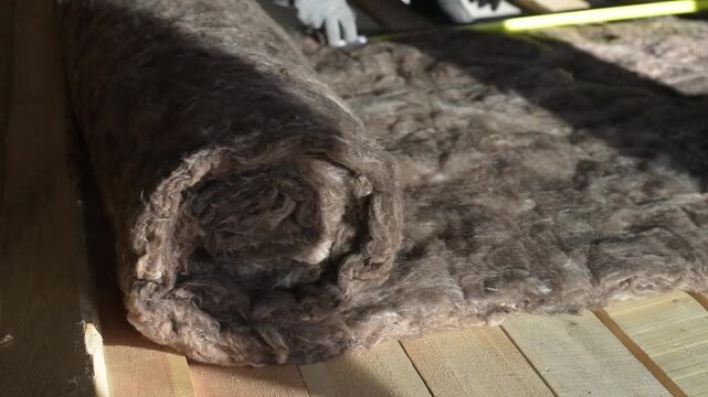 employee unrolls a roll of brown mineral wool insulation in the room and measures the required length.