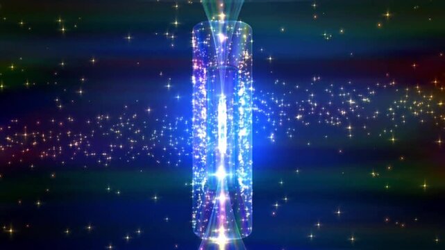 Rotating luminous rainbow glass cube with glowing particles and abstract light waves motion background