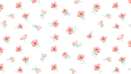 A collection of small flowers in various shades of pink with green leaves covers the white background. This pattern shows a light and bright design, perfect for spring