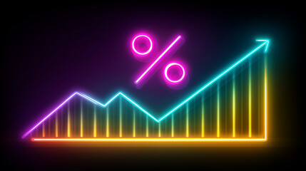Fototapeta premium Neon business graph with arrow and percentage symbol, shopping discount and tax adjustment concept, interest rate changes to fight inflation, investment return, and retail sales growth strategy