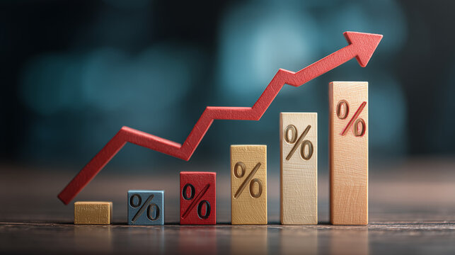 Business graph with arrow and percentage symbol, shopping discount and tax adjustment concept, interest rate changes to fight inflation, investment return, and retail sales growth strategy