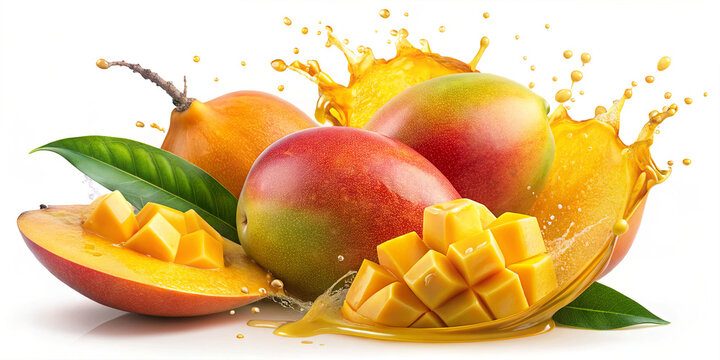 Mangoes are placed on a white background. Some are whole, while one is cut to show yellow flesh and cubes. Juice splashes around the fruit in bright light