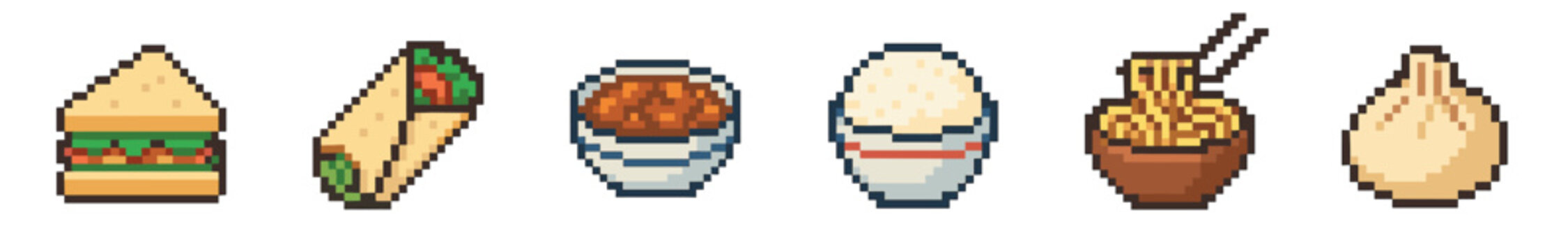 Set of pixel art food icons featuring a sandwich, wrap, ramen, rice, and dumpling for a retro video game menu or digital asset collection, presented in a classic 8-bit style