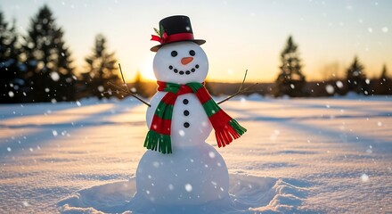 Obraz premium Snowman in Winter Landscape with Scarf and Hat.