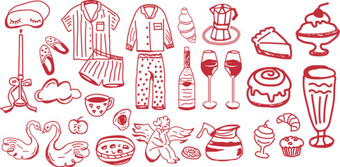 Red Hand Drawn Cozy Morning Breakfast And Sleepwear Doodles, romantic lifestyle branding and stationery © rymixnur