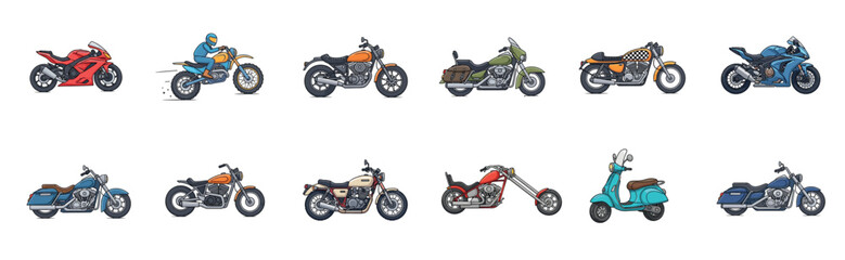 Obraz premium Diverse collection of colorful cartoon motorcycles and a scooter are shown in a side profile view, featuring various styles like sport, cruiser, chopper, and classic bikes