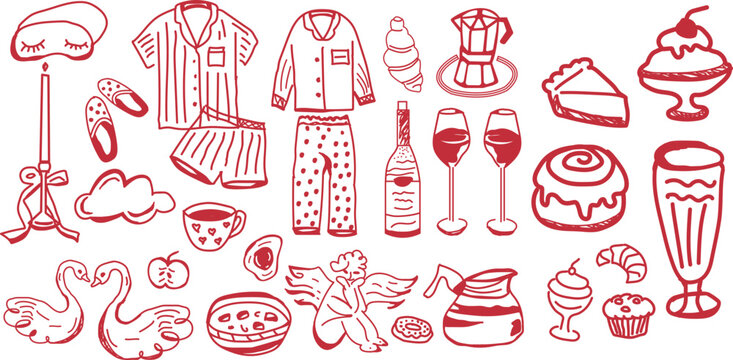 Red Hand Drawn Cozy Morning Breakfast And Sleepwear Doodles, romantic lifestyle branding and stationery
