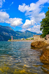 Fototapeta premium Hafen Unterterzen Gemeinde Quarten am Südufer des Walensees, Kanton St. Gallen