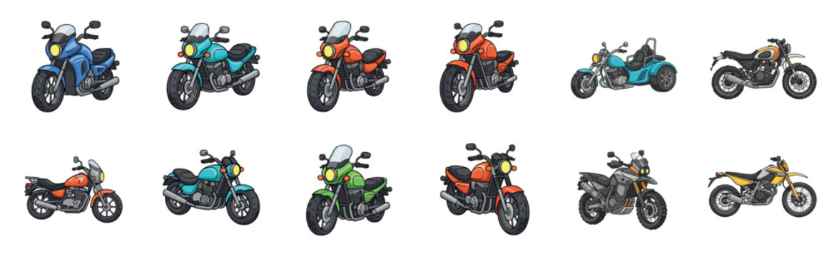Colorful collection of twelve motorcycle illustrations showing various models like cruisers, choppers, sport bikes, and dirt bikes in a fun, detailed cartoon vector style