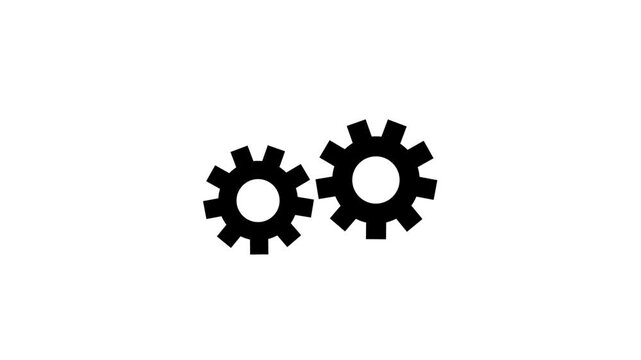 Two interlocking black gears displayed on a stark white background