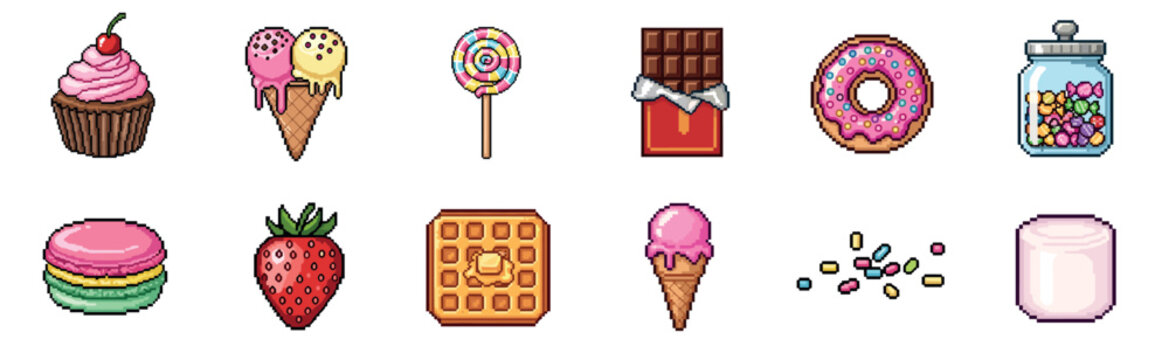 Pixel art set of colorful sweets and desserts including a cupcake, ice cream, donut, chocolate, and candy, rendered in a cute 8-bit retro video game style illustration