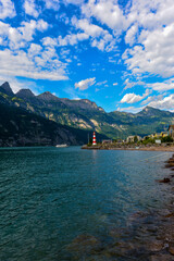 Fototapeta premium Hafen Unterterzen Gemeinde Quarten am Südufer des Walensees, Kanton St. Gallen