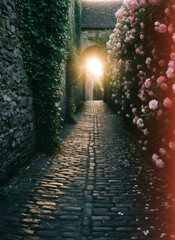Obraz premium Sunbeam shining through an old stone archway in a narrow cobbled alley with climbing roses and ivy. Historic European street view for travel concept.