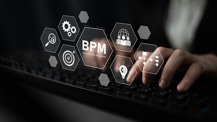 Naklejka premium Business Process Management concept showing workflow analysis, process optimization, team collaboration, automation, and performance improvement Latch