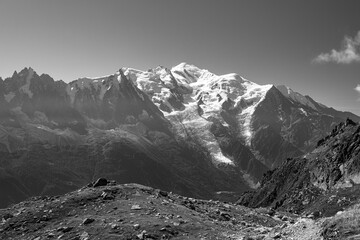 Mont Blanc, the highest peak in the Alps, rises elegantly above the alpine landscape near Chamonix...