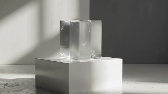 Transparent rectangular prism on a white plinth, against a textured gray wall