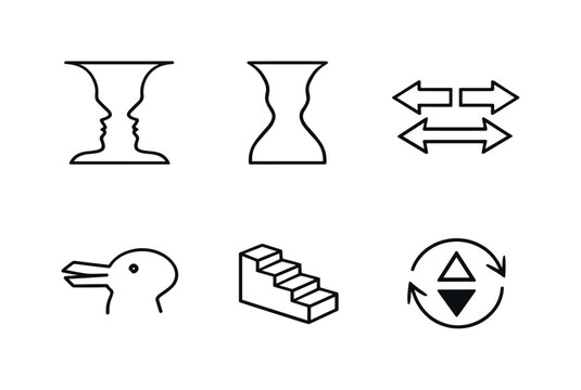 Line style vector icons of reversible figure illusion: profile-face icon, vase-outline motif, perception-toggle arrows, ambiguous