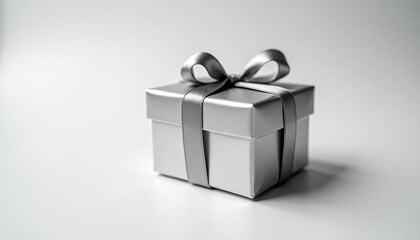 Fototapeta premium Elegant silver gift box with a silk ribbon and bow on a white background. Concept for holiday present, luxury celebration, birthday, or christmas surprise.