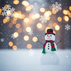 Obraz premium Snowman with scarf and hat on snowy ground.