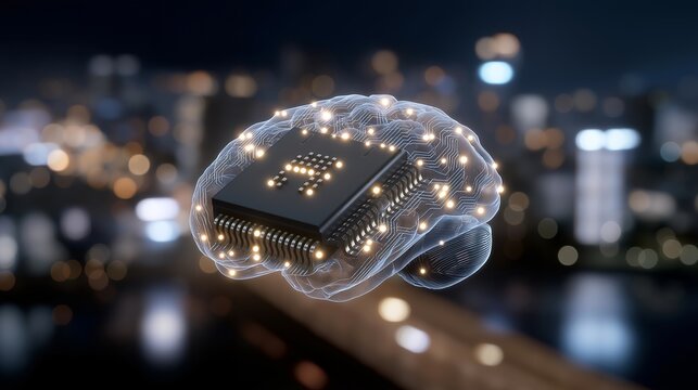 Brain computer interface neural implant concept with digital signals and human brain visualization, ideal for neurotechnology innovation, medical tech, human augmentation, neural computing, future