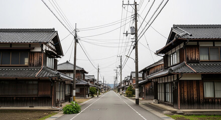 Homes line the quiet street with power lines stretching overhead during an overcast day
