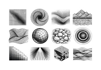 Line vector icons of vector graphics becoming complex enough to mimic raster: micro-path grids, dense-curve nets, subpixel-like