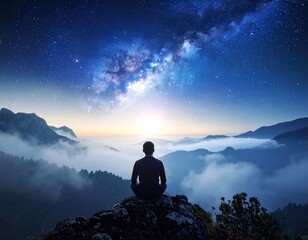 Silhouette sits atop mountain peak, gazing at star-filled night sky and misty valleys
