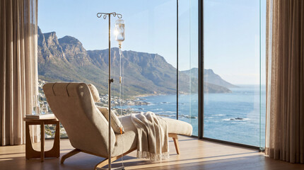 NAD IV therapy bag hanging in a luxurious, modern living room with breathtaking cityscape view. The scene highlights wellness and relaxation in an exquisite setting. Image made using Generative AI.