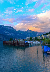 Fototapeta premium Hafen Unterterzen Gemeinde Quarten am Südufer des Walensees, Kanton St. Gallen