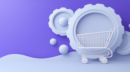Modern Shopping Cart with Gears and Circles on Vibrant Purple Background for E-commerce and Marketing Concepts