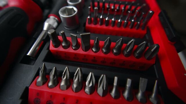 Close up shot of a professional tool kit with screwdriver bits and sockets neatly organized