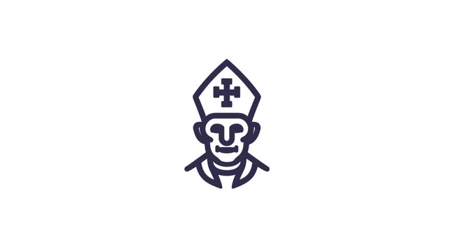 A stylized icon featuring a religious figure wearing a tall hat with a cross, in a minimalist style