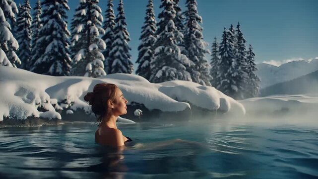 Geothermal hot springs resort, spa, bath pool, winter relaxation vacation theme. A woman in a water body surrounded by snowcovered trees and mountains, with a misty atmosphere. The digital artwork.