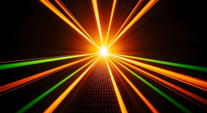 Vibrant laser light beams radiating from a central point in a dark space