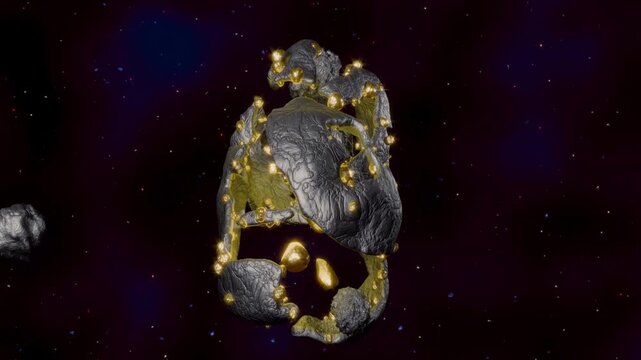 Asteroid mining. Asteroid surrounded and containing gold and silver.  Celestial object with precious metals in space. 3d animation render.