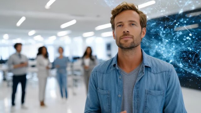 A professional man in casual attire poses in a bright workspace, with digital connections visualized beside him. Colleagues in the background emphasize teamwork and futuristic business concepts