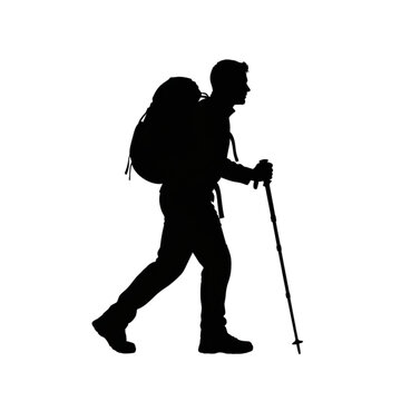 Man hiking with trekking poles silhouette isolated on transparent background.