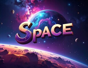 'Space' text floating in colorful outer space, above a planet surface